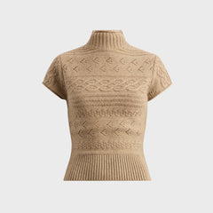 GUIZIO Short Sleeve Cable Turtleneck - Warm Taupe