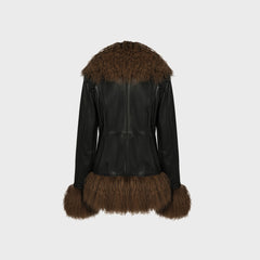 Susanna Chow Dorothy Leather Coat - Black / Brown Trim