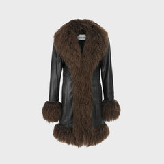 Susanna Chow Dorothy Midi Leather Coat - Black / Brown Trim