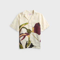 Orlebar Brown Maitan Linen Orchid-Print Camp Shirt - White Sand / Damson
