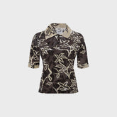 Siedres Lena Contrast Printed Velvet Short Sleeve Polo - Brown