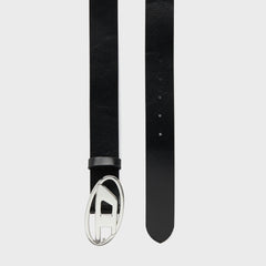 Diesel Leather Belt With Shiny Oval D Logo Buckle - Black / Silver