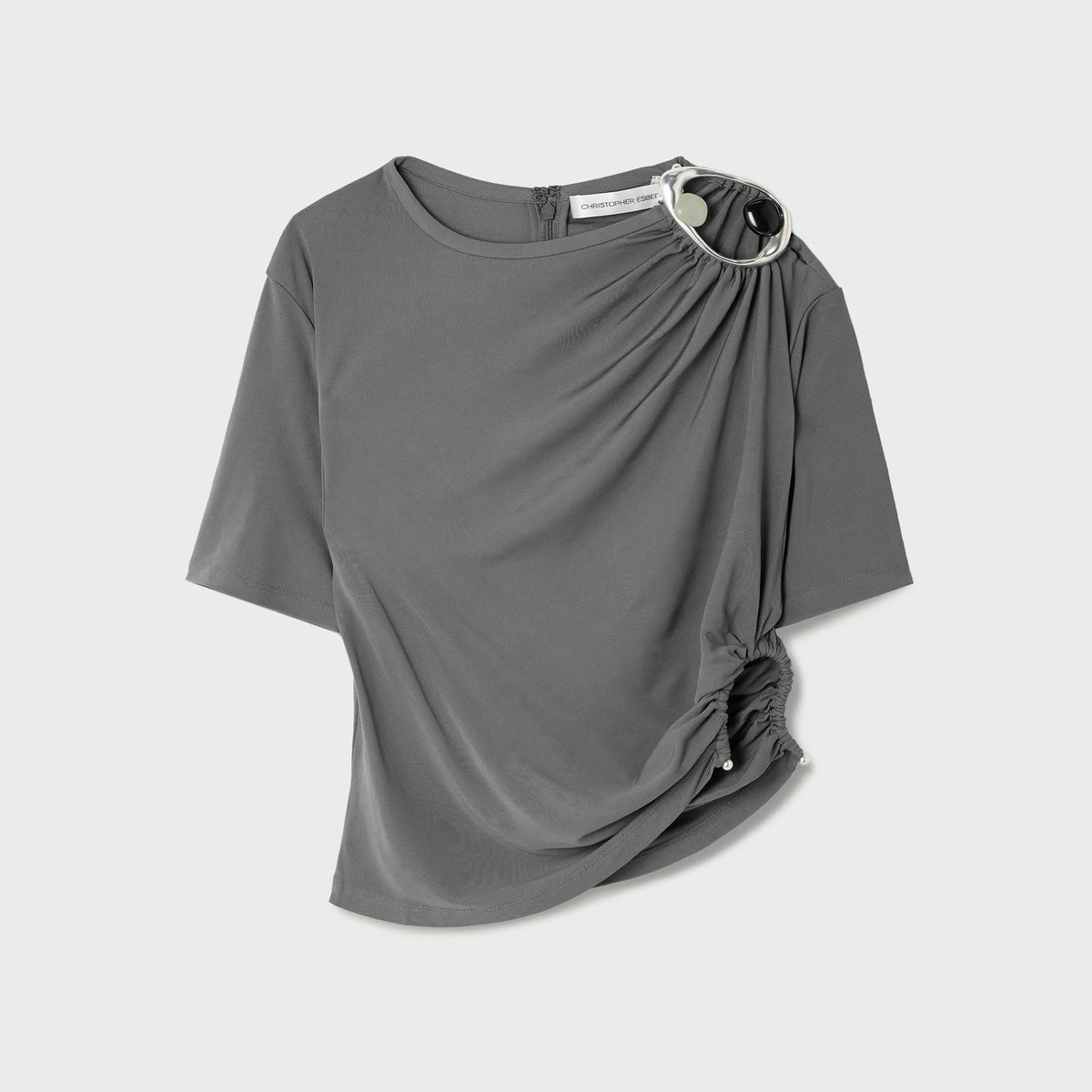 Christopher Esber Prica Crystal Ruched Jersey Tee - Blue Granite