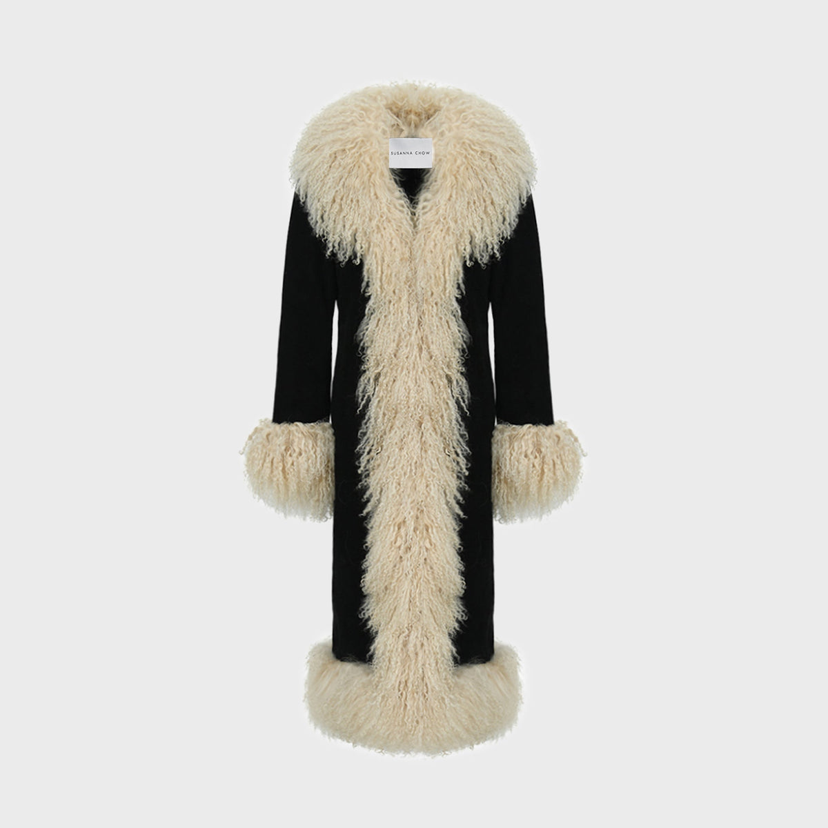 Susanna Chow Dorothy Suede Ultra Maxi Coat - Black / Beige Trim