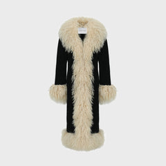 Susanna Chow Dorothy Suede Ultra Maxi Coat - Black / Beige Trim