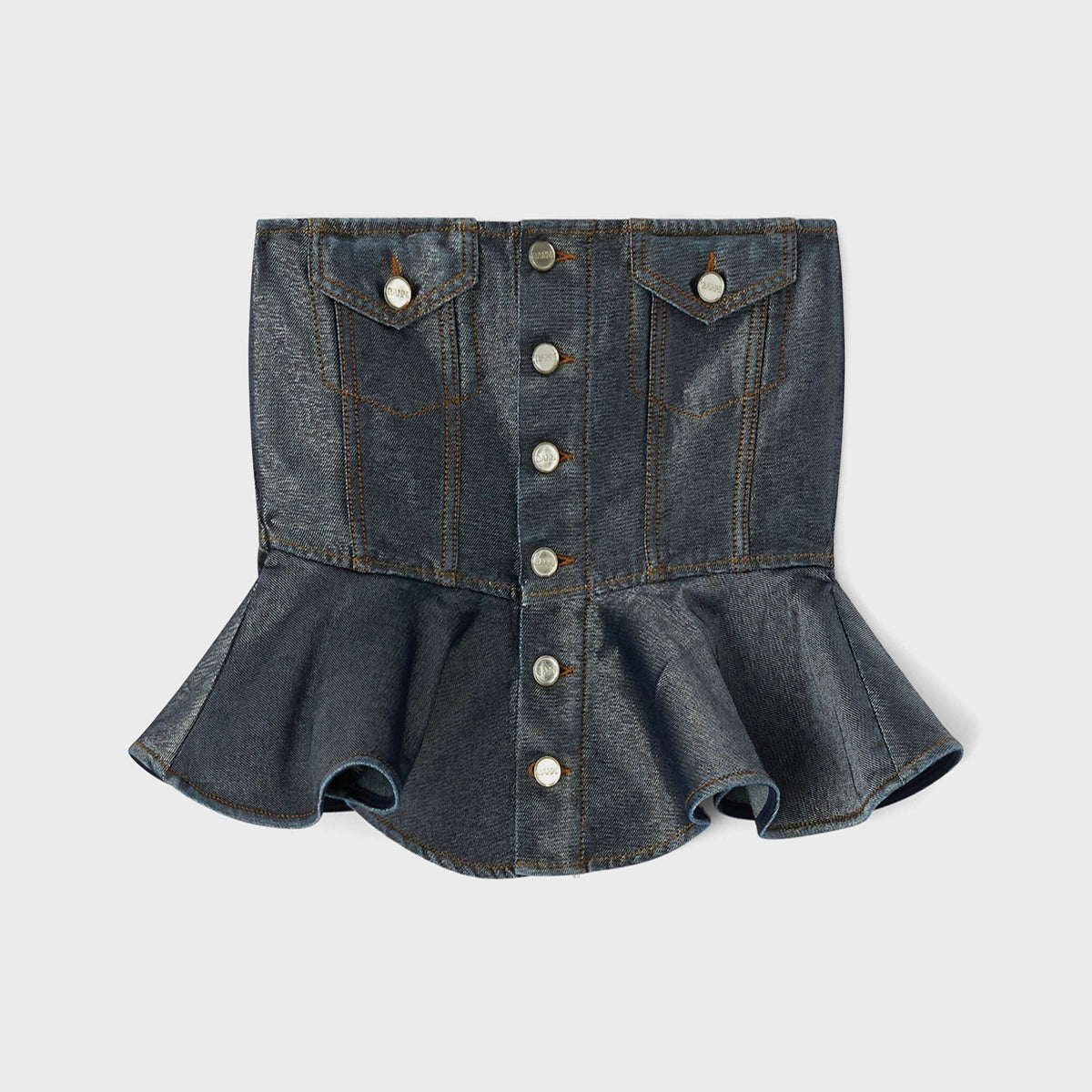 Ganni Shimmery Foil Denim Corsage Top - Washed Black