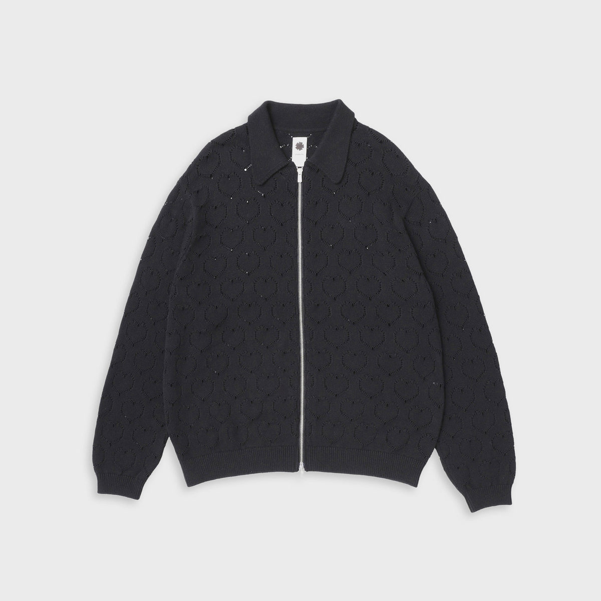 vowels Eyelet Knitted Zip Up Sweater - Black
