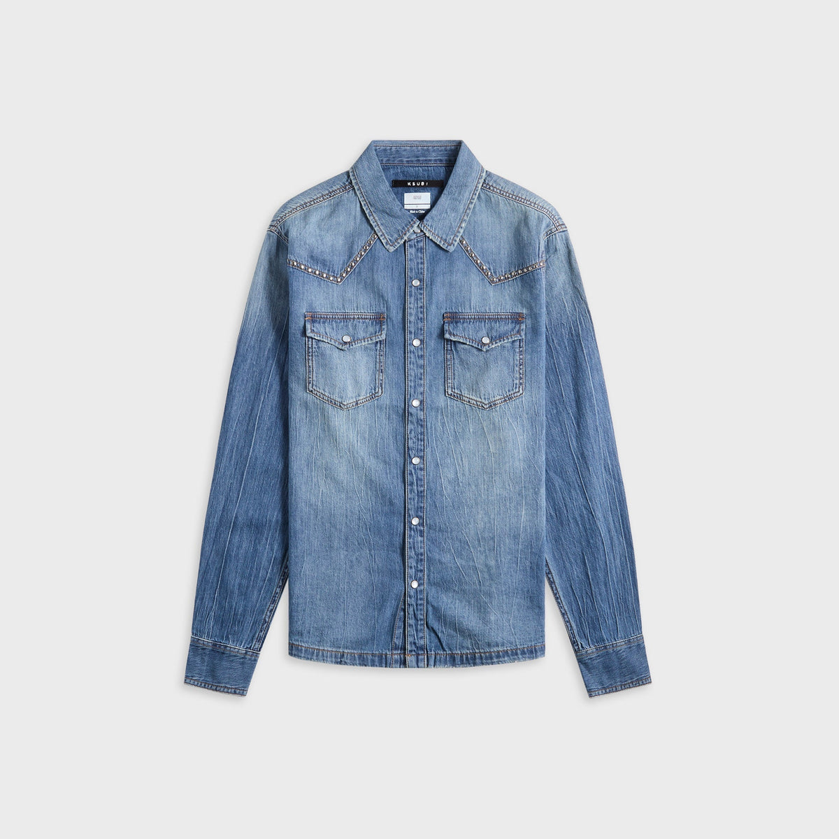 Ksubi Whiplash Long Sleeve Shirt Texas Blue Studded - Stone Washed Denim
