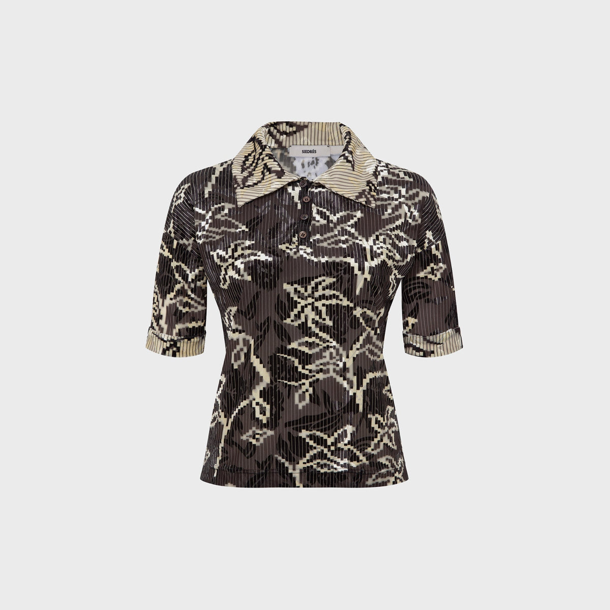 Siedres Lena Contrast Printed Velvet Short Sleeve Polo - Brown