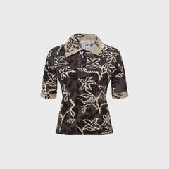Siedres Lena Contrast Printed Velvet Short Sleeve Polo - Brown