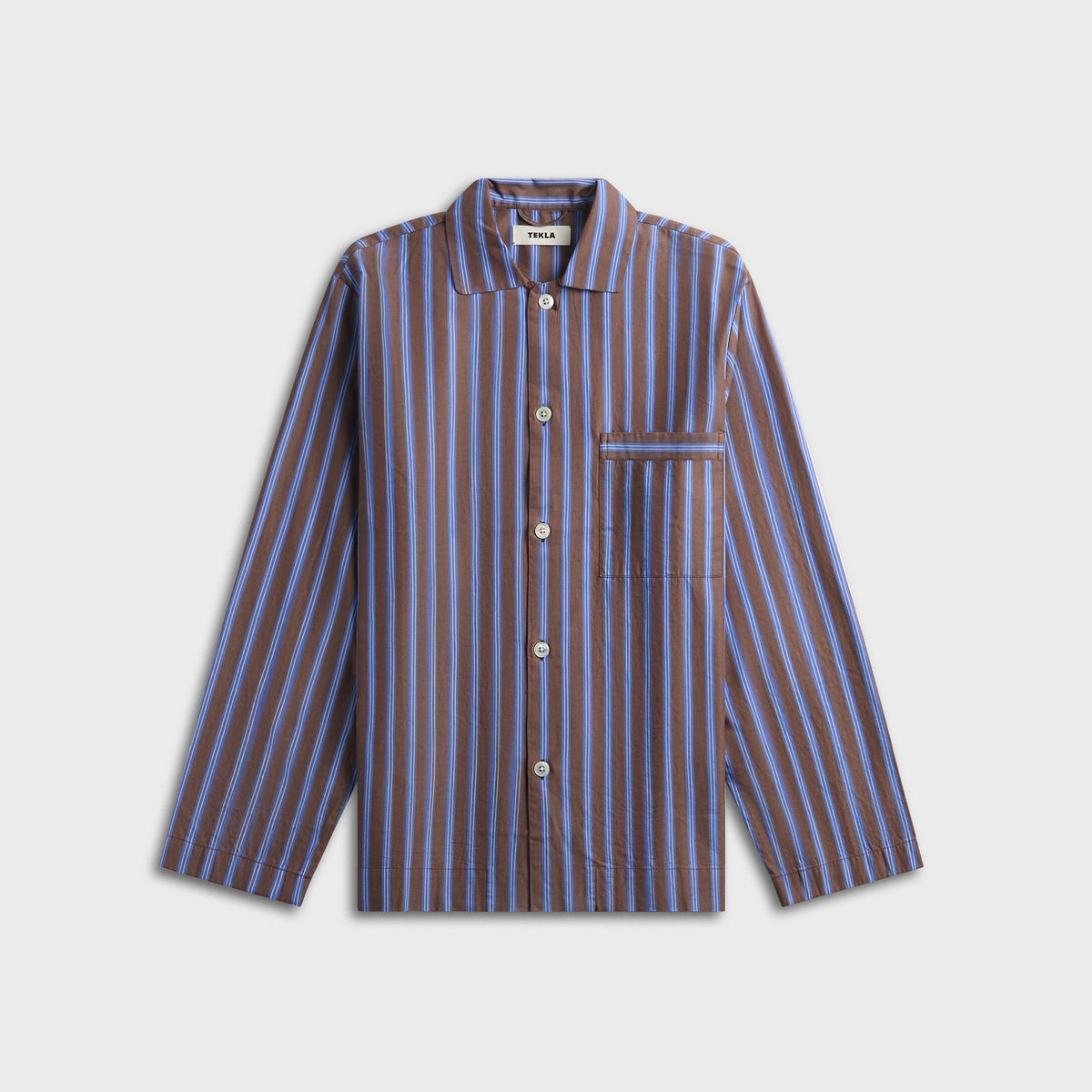Tekla Poplin Long-Sleeved Pyjama Shirt - Brown / Blue